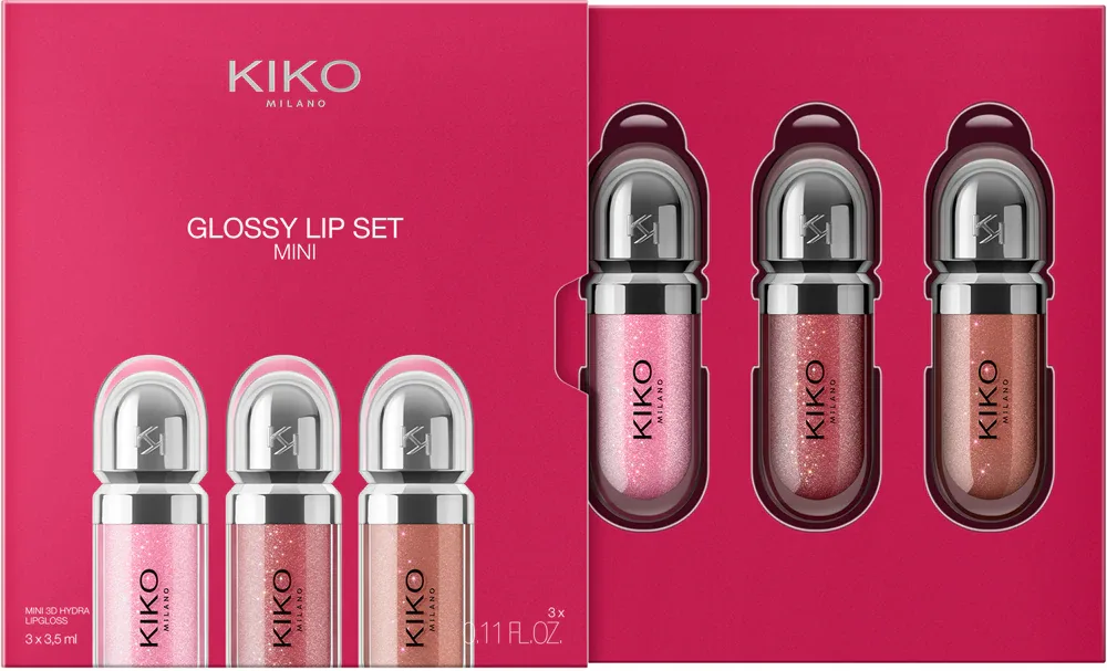 Набор блесков для губ KIKO Milano Glossy Lip Set Mini, 3 оттенка по 3,5 мл, с высоким блеском opakowanie mini