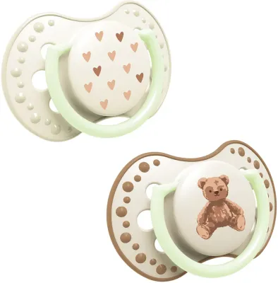Пустышка LOVI Teddy Love силиконовая, симметричной формы, со светящимся кольцом, 2 шт
