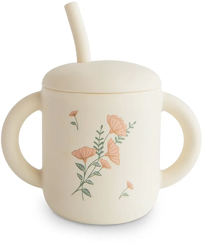 Чашка-поилка детская Mushie Silicone Training Cup Pink Flowers с трубочкой, силиконовая, 170 мл