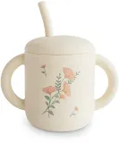 Чашка-поилка детская Mushie Silicone Training Cup Pink Flowers с трубочкой, силиконовая, 170 мл — фото 1