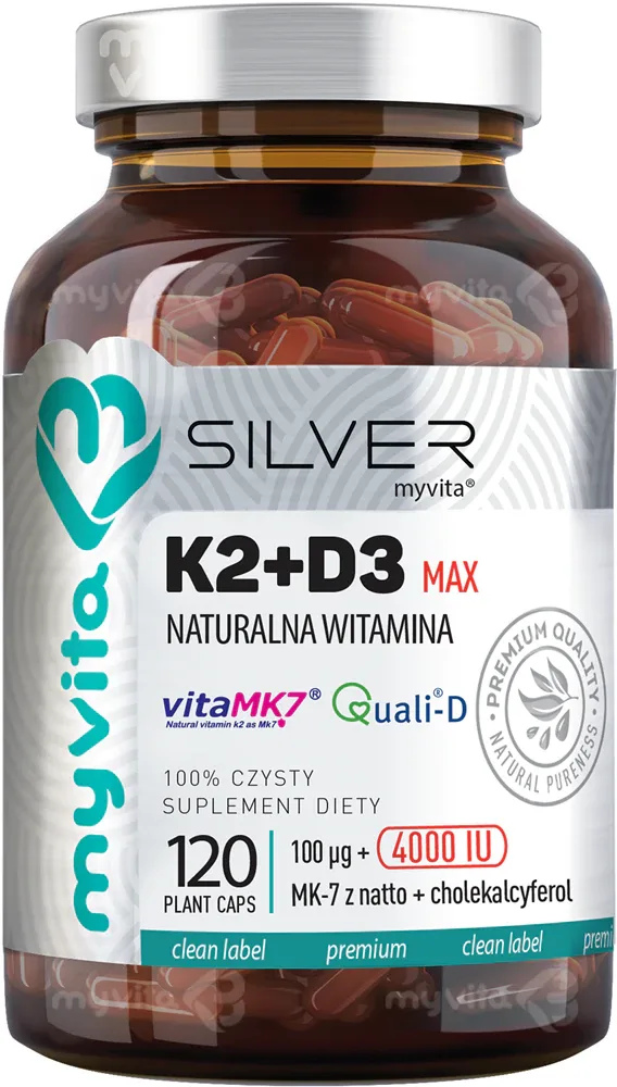 Капсулы MyVita Silver naturalna witamina K2 100mcg + D3 Forte 4000j.m. для костей и суставов, 120 капсул
