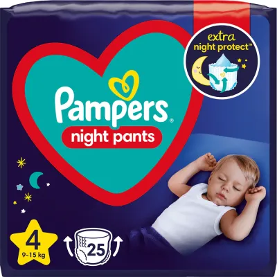 Ночные подгузники-трусики Pampers Night Pants Size 4 до 12 часов защиты, 25 шт 9-15 кг