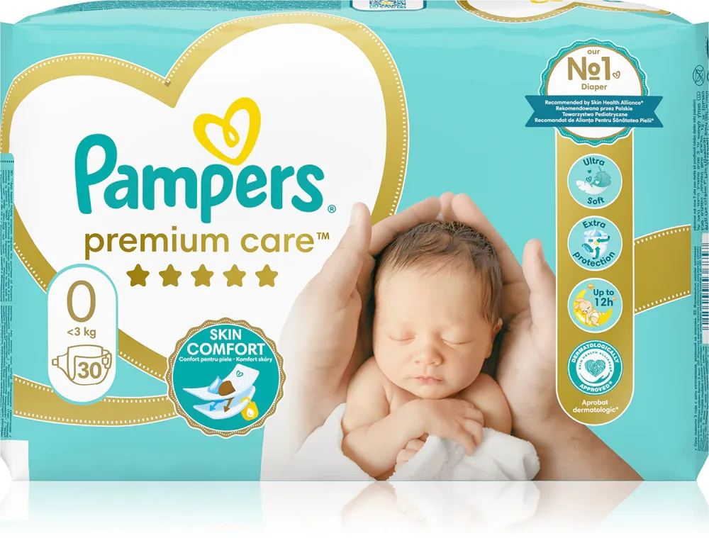 Подгузники Pampers Premium Care Size 0 для новорождённых, до 12 часов защиты, 30 шт < 3 кг