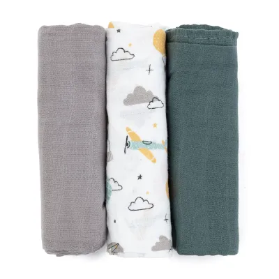 Petite&Mars Moussy - Многоразовые подгузники Petite Mars Moussy экологичные, 3 шт Grey Planes 68 x 68 cm, 3 шт