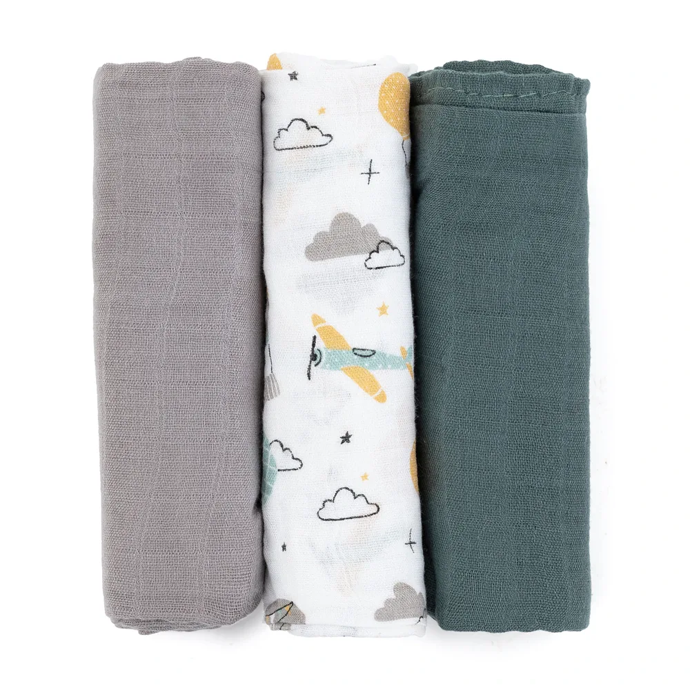 Petite&Mars Moussy - Многоразовые подгузники Petite Mars Moussy экологичные, 3 шт Grey Planes 68 x 68 cm, 3 шт