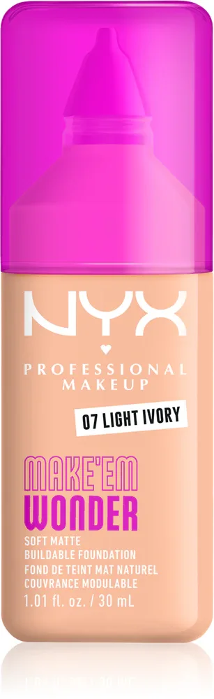 Тональный флюид NYX Professional Makeup Make Em Wonder матирующий, среднее покрытие, с гиалуроновой кислотой и витамином С, 30 мл, оттенок 07 Light Ivory