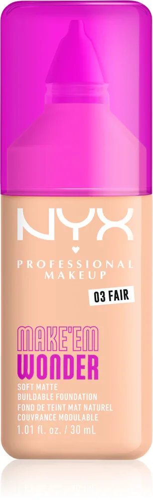 Тональный флюид NYX Professional Makeup Make Em Wonder матирующий, среднее покрытие, с гиалуроновой кислотой и витамином С, 30 мл, оттенок 03 Fair