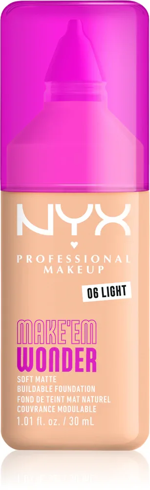 Тональный флюид NYX Professional Makeup Make Em Wonder матирующий, среднее покрытие, с гиалуроновой кислотой и витамином С, 30 мл, оттенок 06 Light