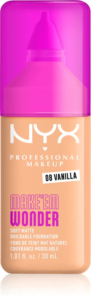 Тональный флюид NYX Professional Makeup Make Em Wonder матирующий, среднее покрытие, с гиалуроновой кислотой и витамином С, 30 мл, оттенок 08 Vanilla