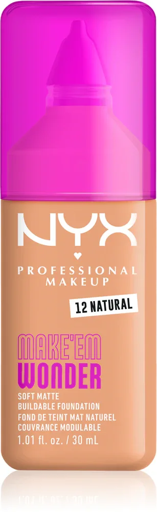 Тональный флюид NYX Professional Makeup Make Em Wonder матирующий, среднее покрытие, с гиалуроновой кислотой и витамином С, 30 мл, оттенок 12 Natural