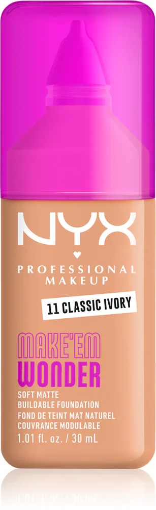 Тональный флюид NYX Professional Makeup Make Em Wonder матирующий, среднее покрытие, с гиалуроновой кислотой и витамином С, 30 мл, оттенок 11 Classic Ivory