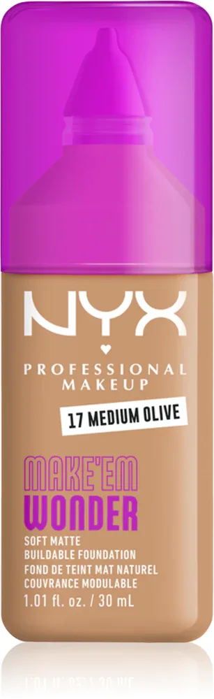 Тональный флюид NYX Professional Makeup Make Em Wonder матирующий, среднее покрытие, с гиалуроновой кислотой и витамином С, 30 мл, оттенок 17 Medium olive