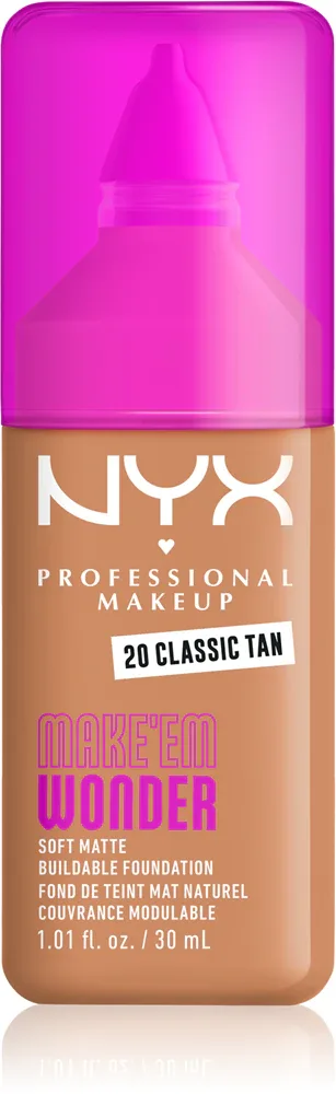 Тональный флюид NYX Professional Makeup Make Em Wonder матирующий, среднее покрытие, с гиалуроновой кислотой и витамином С, 30 мл, оттенок 20 Classic Tan