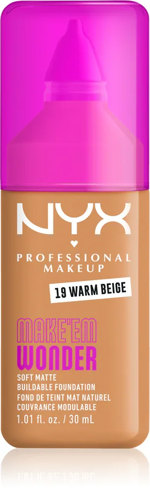 Тональный флюид NYX Professional Makeup Make Em Wonder матирующий, среднее покрытие, с гиалуроновой кислотой и витамином С, 30 мл, оттенок 19 Warm Beige