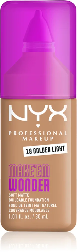 Тональный флюид NYX Professional Makeup Make Em Wonder матирующий, среднее покрытие, с гиалуроновой кислотой и витамином С, 30 мл, оттенок 18 Golden Light