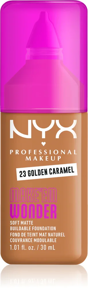 Тональный флюид NYX Professional Makeup Make Em Wonder матирующий, среднее покрытие, с гиалуроновой кислотой и витамином С, 30 мл, оттенок 23 Golden Caramel
