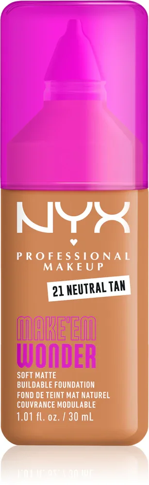 Тональный флюид NYX Professional Makeup Make Em Wonder матирующий, среднее покрытие, с гиалуроновой кислотой и витамином С, 30 мл, оттенок 21 Neutral Tan