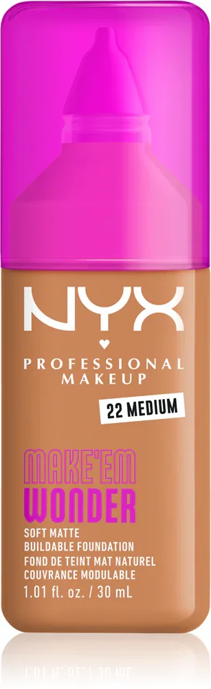 Тональный флюид NYX Professional Makeup Make Em Wonder матирующий, среднее покрытие, с гиалуроновой кислотой и витамином С, 30 мл, оттенок 22 Medium