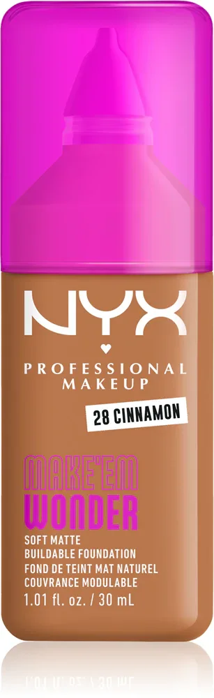 Тональный флюид NYX Professional Makeup Make Em Wonder матирующий, среднее покрытие, с гиалуроновой кислотой и витамином С, 30 мл, оттенок 28 Cinnamon