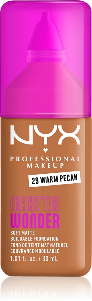 Тональный флюид NYX Professional Makeup Make Em Wonder матирующий, среднее покрытие, с гиалуроновой кислотой и витамином С, 30 мл, оттенок 29 Warm Pecan