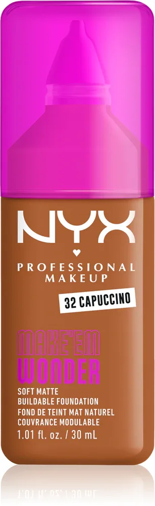 Тональный флюид NYX Professional Makeup Make Em Wonder матирующий, среднее покрытие, с гиалуроновой кислотой и витамином С, 30 мл, оттенок 32 Capuccino