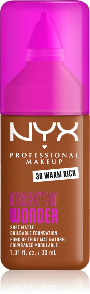 Тональный флюид NYX Professional Makeup Make Em Wonder матирующий, среднее покрытие, с гиалуроновой кислотой и витамином С, 30 мл, оттенок 36 Warm Rich