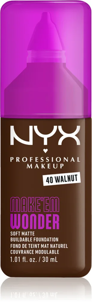 Тональный флюид NYX Professional Makeup Make Em Wonder матирующий, среднее покрытие, с гиалуроновой кислотой и витамином С, 30 мл, оттенок 40 Walnut