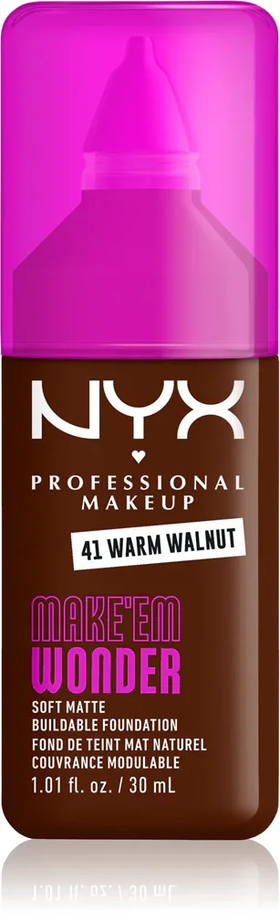 Тональный флюид NYX Professional Makeup Make Em Wonder матирующий, среднее покрытие, с гиалуроновой кислотой и витамином С, 30 мл, оттенок 41 Warm Walnut