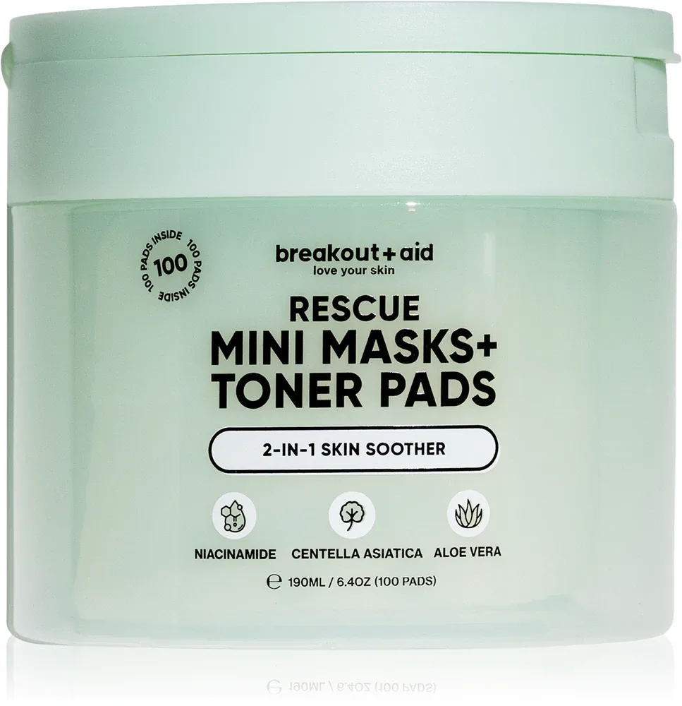 Диски для лица breakout + aid Mini Masks+Toner Pads Rescue тонизирующие, успокаивающие, 100 шт