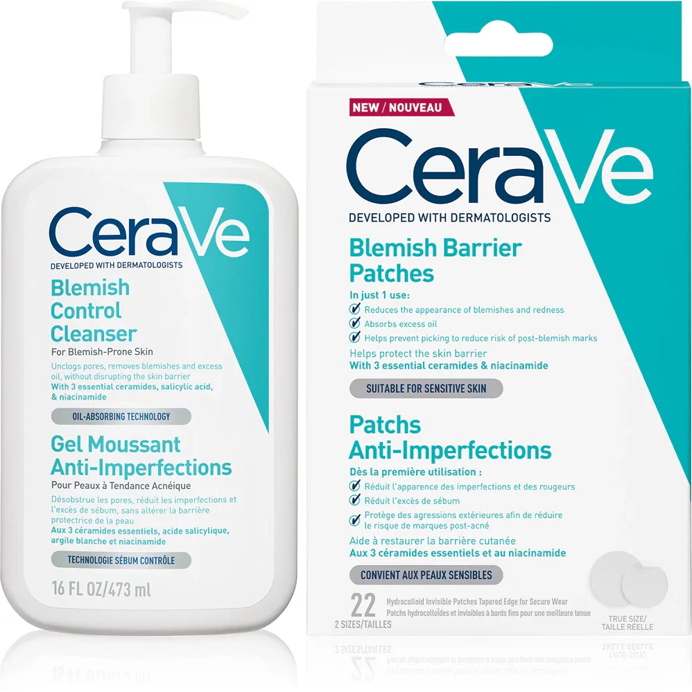 Набор для ухода за кожей лица CeraVe Cleansers Blemish Control Cleanser гель и патчи, для проблемной кожи, 473 мл + 22 шт