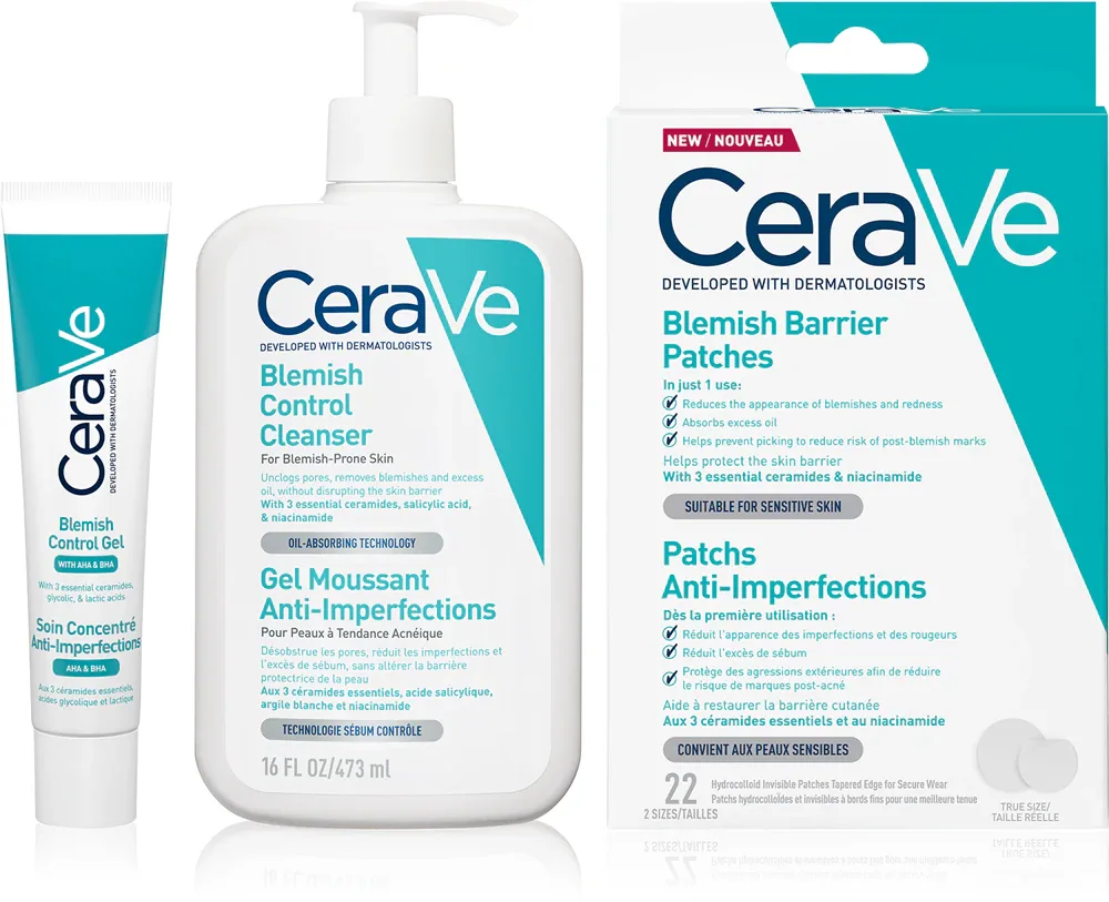 Набор для ухода за кожей лица CeraVe Cleansers Blemish Control Cleanser гель, локальный уход и патчи, 473 мл + 40 мл + 22 шт