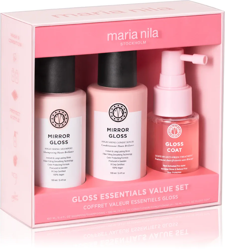 Набор для блеска волос Maria Nila Mirror Gloss Essentials Value Set, шампунь, спрей и кондиционер, 3 шт