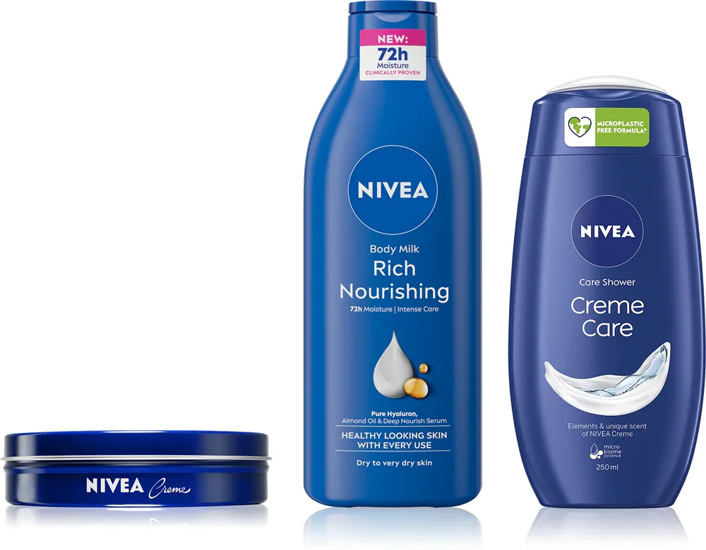 Набор NIVEA Creme, крем, молочко для тела и гель для душа, с миндальным маслом, 150 мл + 400 мл + 250 мл