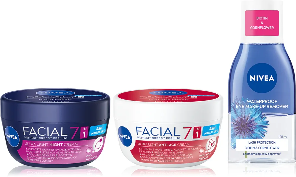 Набор NIVEA Facial, дневной и ночной крем 7 in 1, средство для демакияжа, 100 мл + 100 мл + 125 мл