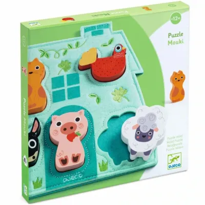 Игрушка деревянная DJECO Wooden Block Puzzle Mouki развивающая, детская 12m+, 1 шт