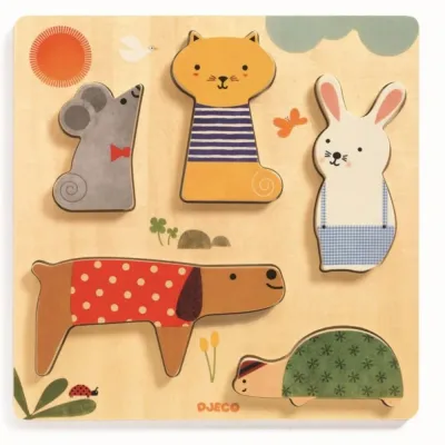 Игрушка деревянная DJECO Wooden Block Puzzle Pets детская 12m+, 1 шт