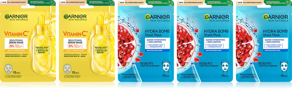 Набор тканевых масок для лица Garnier Textil Masks увлажняющие и придающие сияние, 5 шт