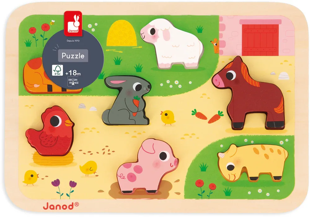 Пазл деревянный Janod Chunky Farm Puzzle с мотивом зверушек, 7 шт 18m+