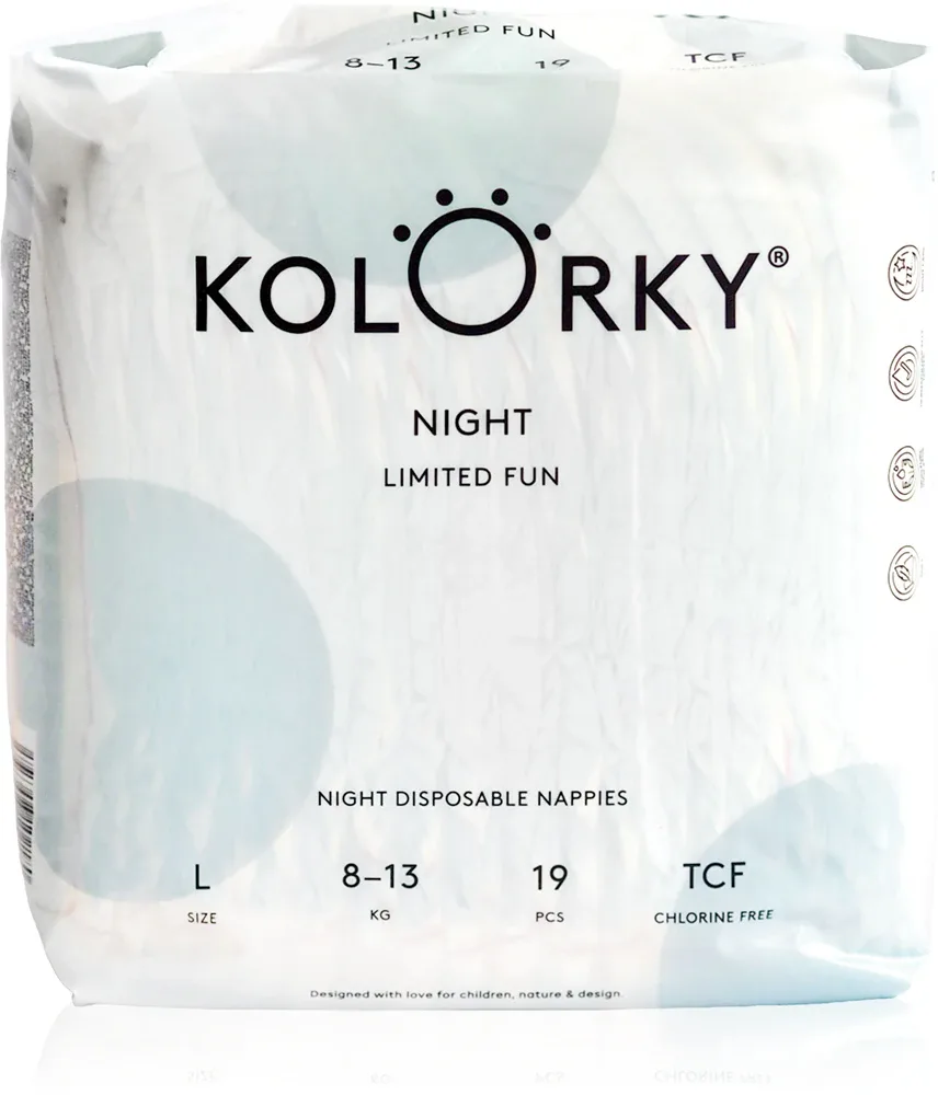 Подгузники детские одноразовые Kolorky Night Limited Fun ночные, из растительных волокон, 19 шт rozmiar L 8-13 кг