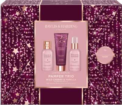Baylis & Harding Wild Cherry & Vanilla - Набор косметики для тела Baylis Harding Wild Cherry Vanilla Gift Wrapped Pamper Trio подарочный, из трёх средств