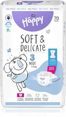 Подгузники детские BELLA Baby Happy Soft Delicate Midi 5-9 кг, с двойным индикатором влажности, 70 шт