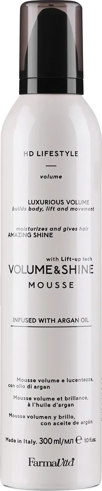 Farmavita HD Volume and Shine Mousse мусс для волос для объёма и блеска сильной фиксации 300 мл, пенка для укладки тонких волос с аргановым маслом