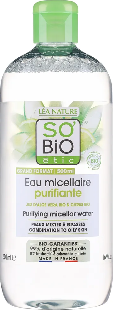 Органическая мицеллярная вода So'Bio Etic Aloe Vera с гамамелисом и цинком для жирной кожи, 500 мл