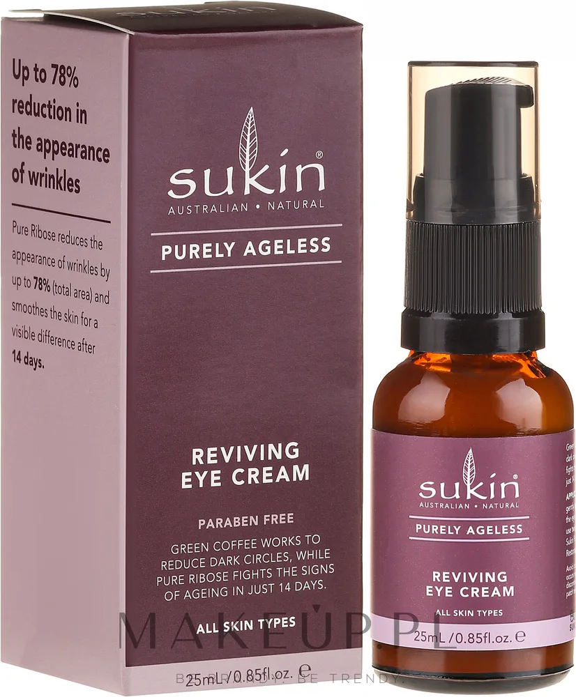 Крем для кожи вокруг глаз Sukin Purely Ageless Reviving Eye Cream восстанавливающий, с маслом шиповника и кофеином, 25 мл/ Сьюкин