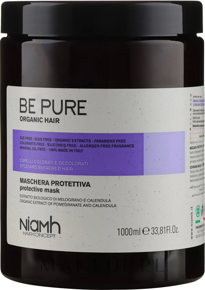 Niamh Hairconcept Niamh Hairconcept Be Pure Protective Mask - Маска для волос Niamh Be Pure Protective защитная, для окрашенных и осветлённых волос, гранат и календула, защита цвета от UV, 500 мл