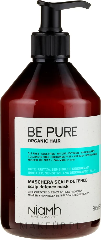 Niamh Hairconcept Niamh Hairconcept Be Pure Scalp Defence Mask - Маска для волос Niamh Be Pure Scalp Defence успокаивающая, имбирь, ладан и виноград, уход за кожей головы, комфорт, 500 мл
