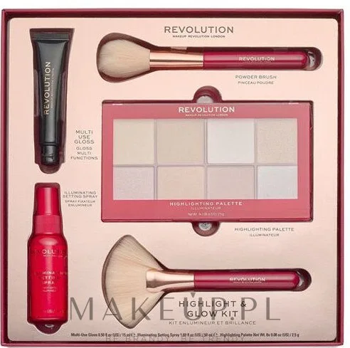 Набор для макияжа Makeup Revolution Highlight & Glow палетка, блеск, спрей и две кисти