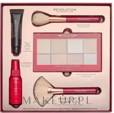 Набор для макияжа Makeup Revolution Highlight & Glow палетка, блеск, спрей и две кисти