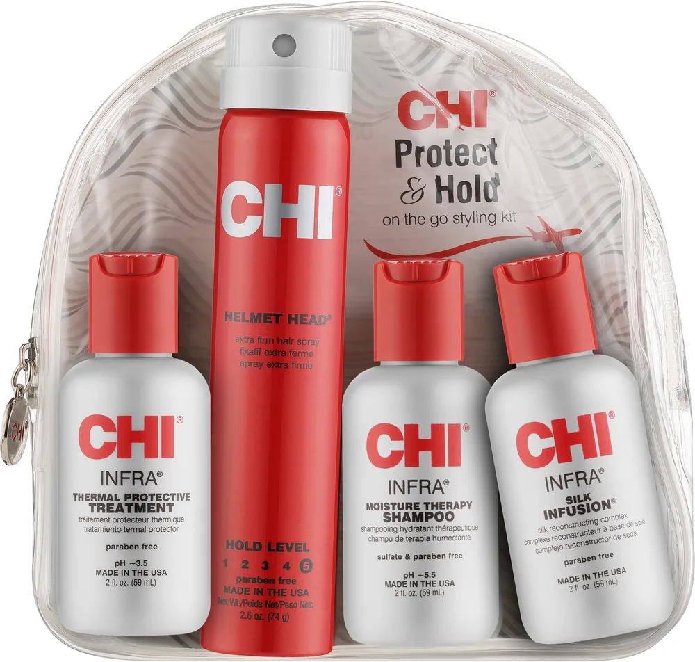 Дорожный набор CHI Protect & Hold шампунь 59 мл кондиционер 59 мл шелковый комплекс 59 мл и лак для волос 74 мл