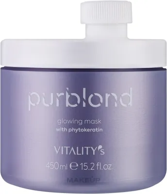 Маска для волос Vitality's Purblond Glowing для волос блонд, антижёлтый эффект, фитокератин, рисовые протеины, 200 и 450 мл